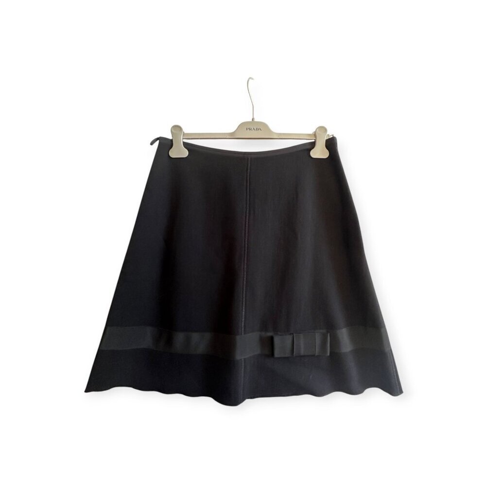 Prada Black Wool A-Line Skirt IT 46 / US 10 Ribbon Bow Trim Made in Italy